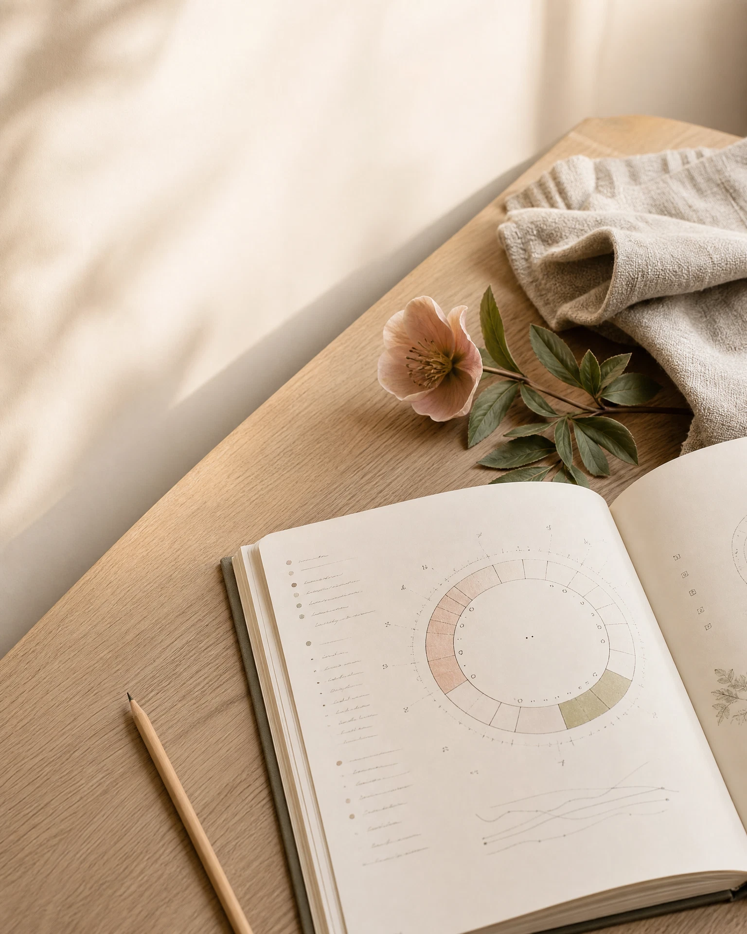 Cycle-tracking journal, pencil, and botanical stem on a warm wood surface